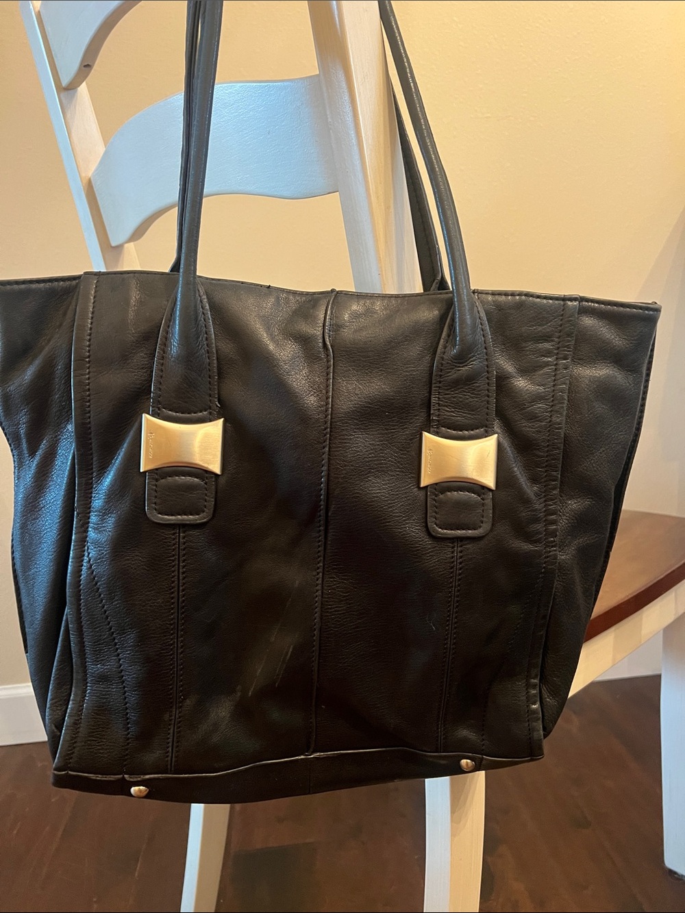 b. makowsky Black Leather Tote with Gold Hardware